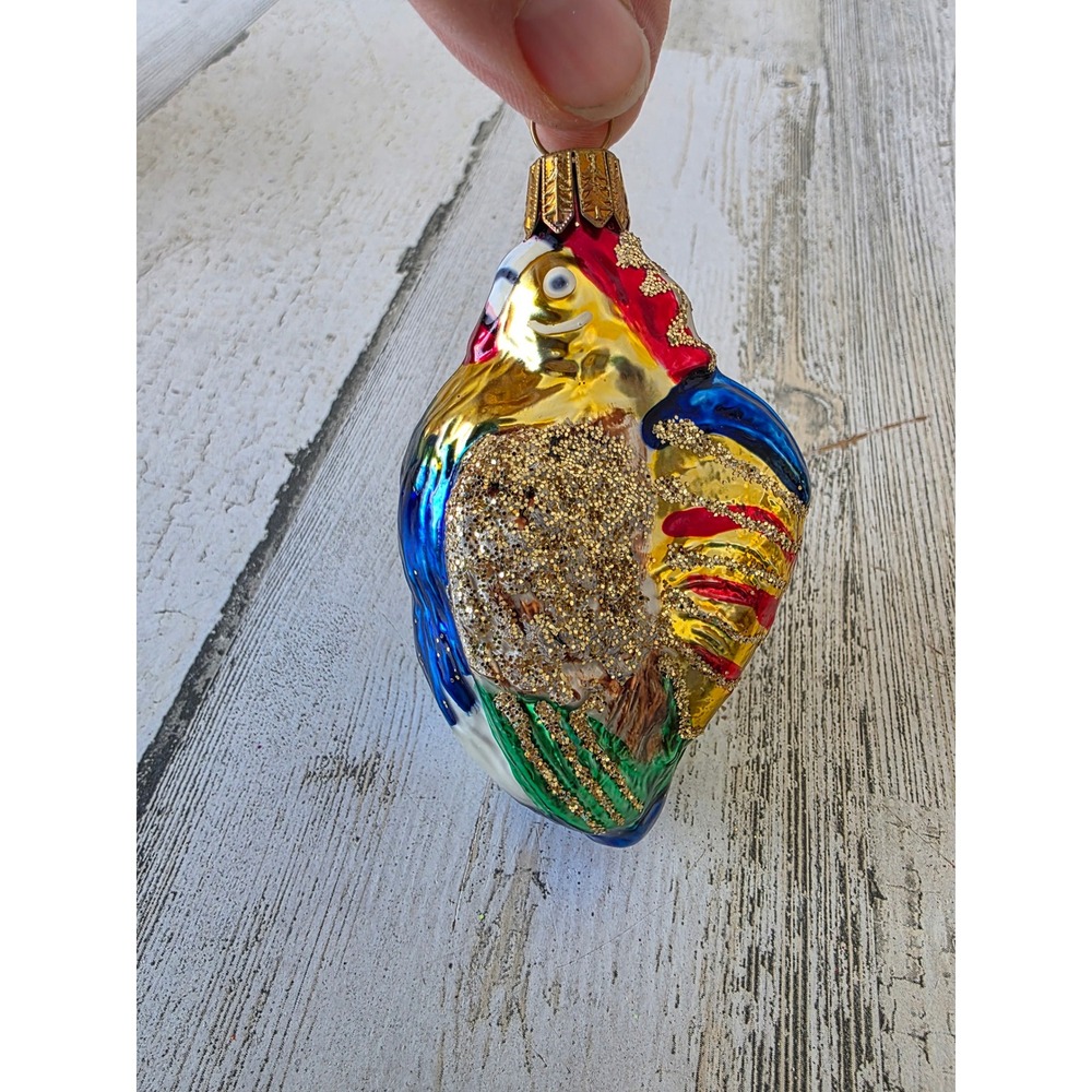 Vintage Germany rooster parrot‎ bird glitter gold ornament glass Xmas tree
